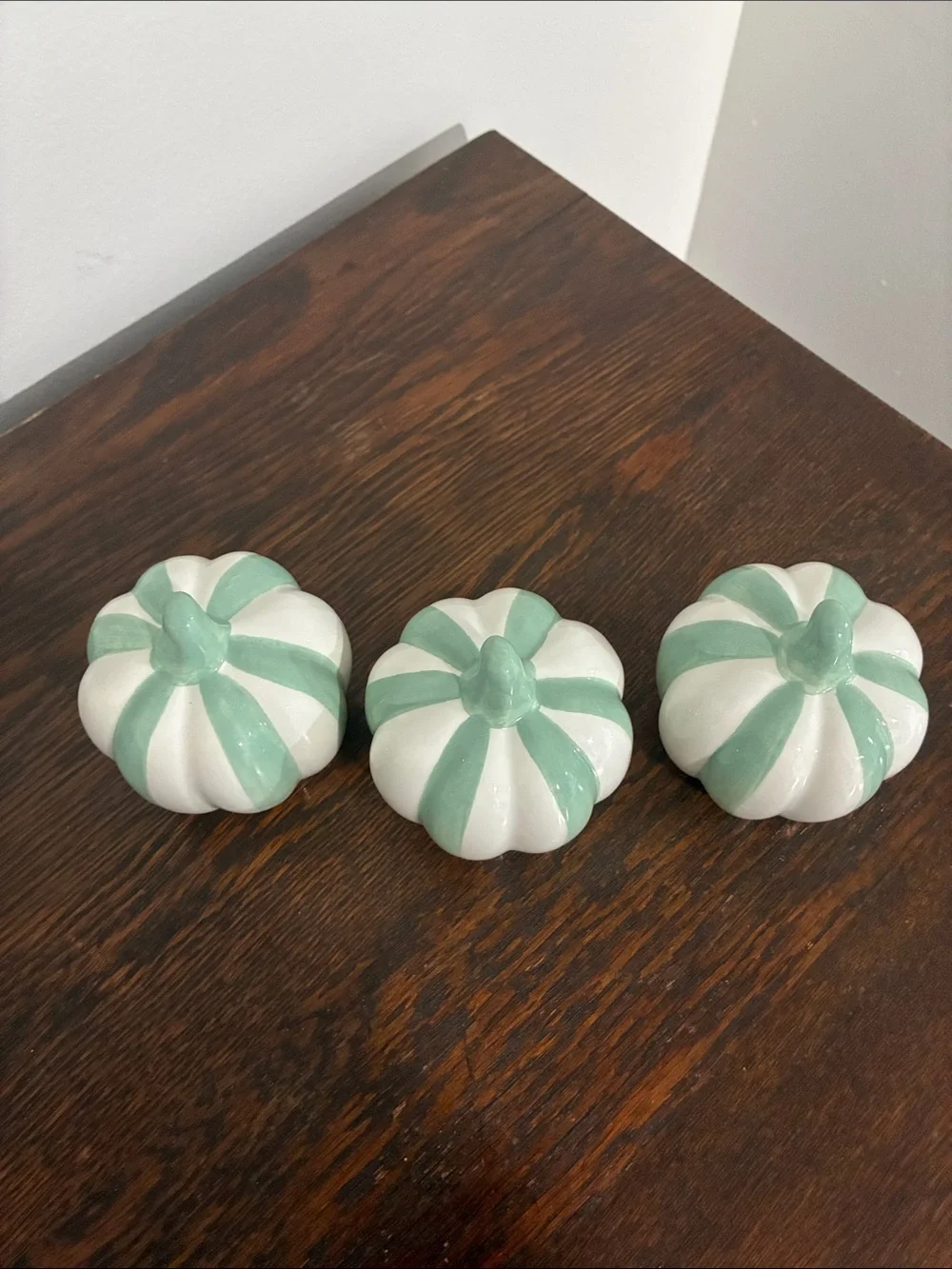 NWT- Set of 3- White & Mint Green Stripe Ceramic Pumpkins